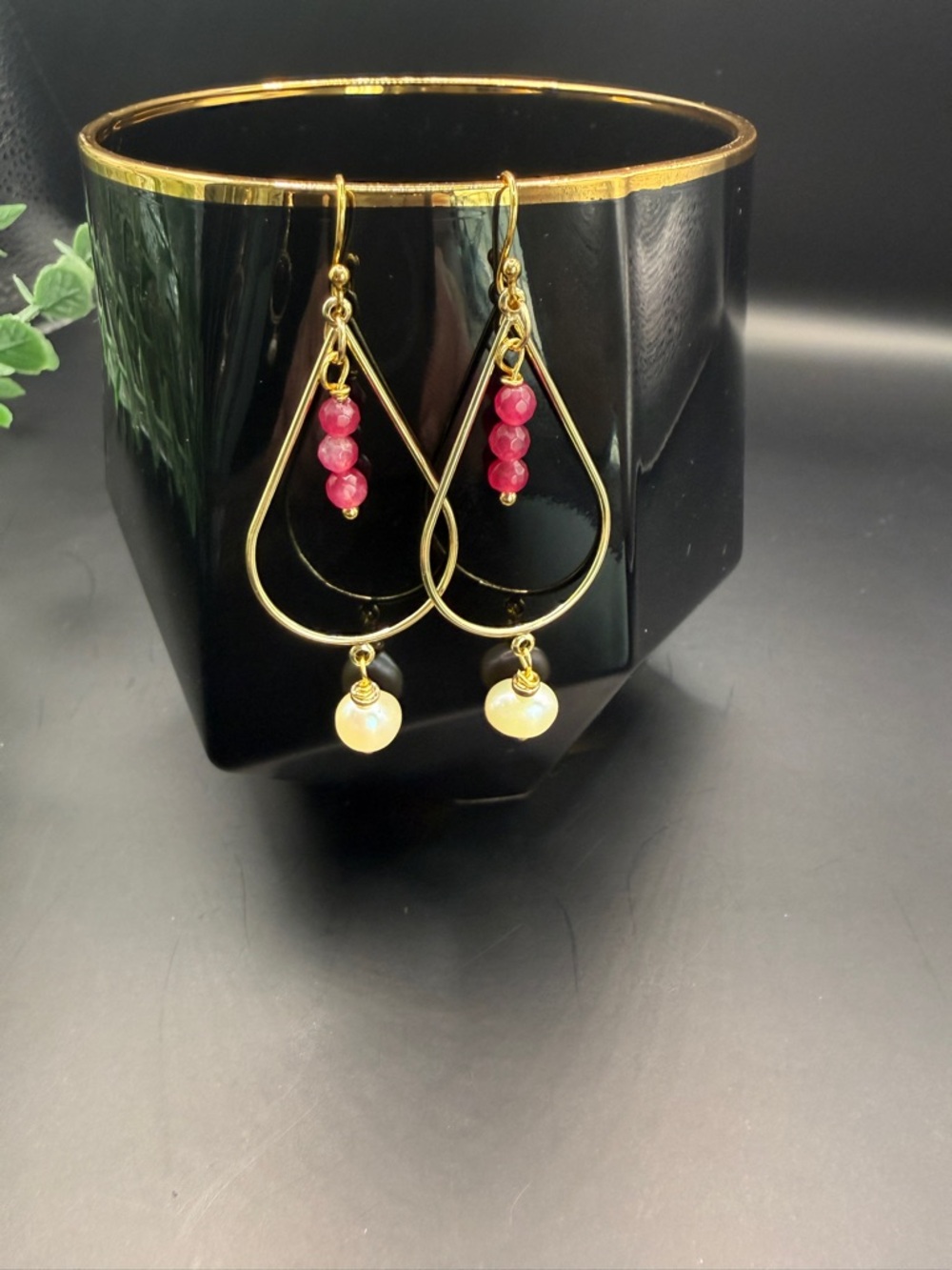 Gold Teardrop Earrings with Pink Beads and Pearl Drops
